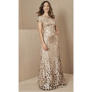 Tadashi Shoji Odette Size 14 Gold Sequin Boatneck Lace Overlay Full Length Dress